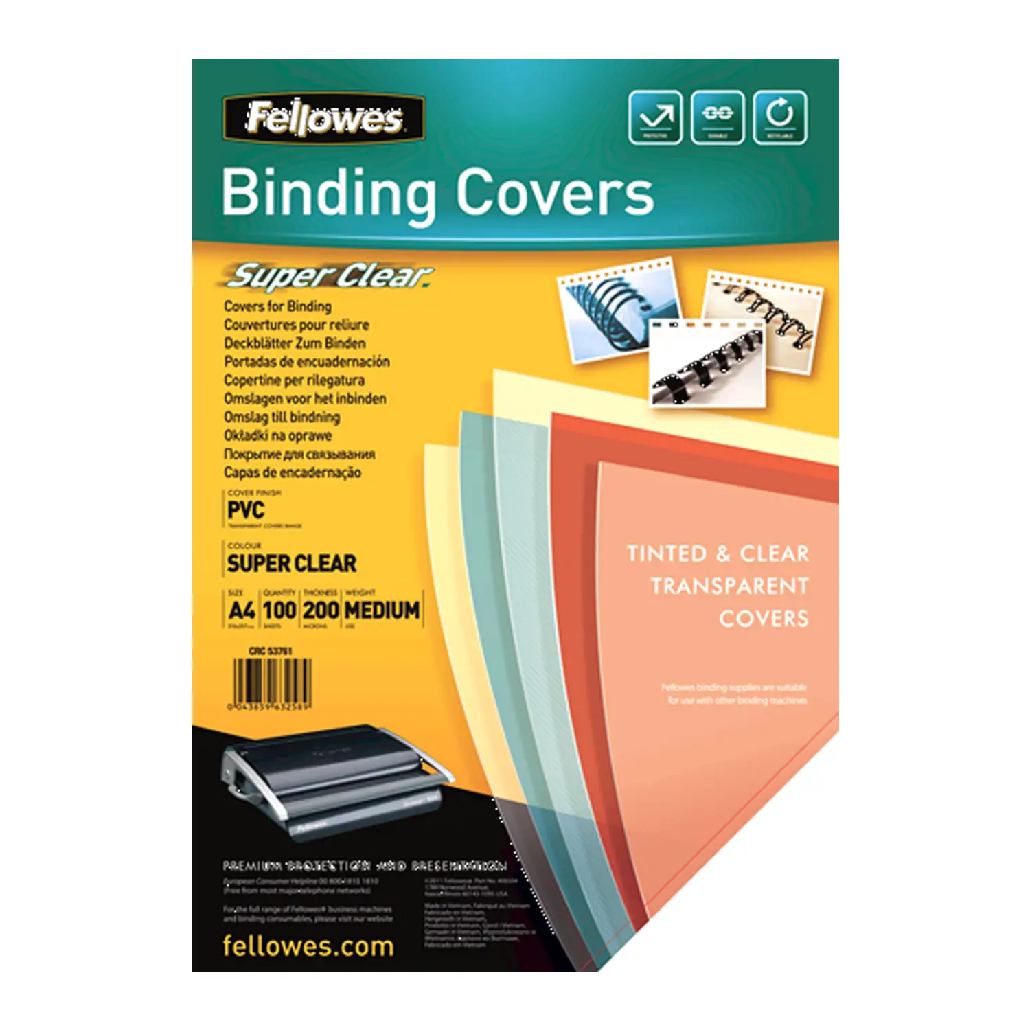 Copertine PVC Trasparenti A4 Fellowes 200 Micron – Confezione 100 Pezzi - Rilegare e Plastificare