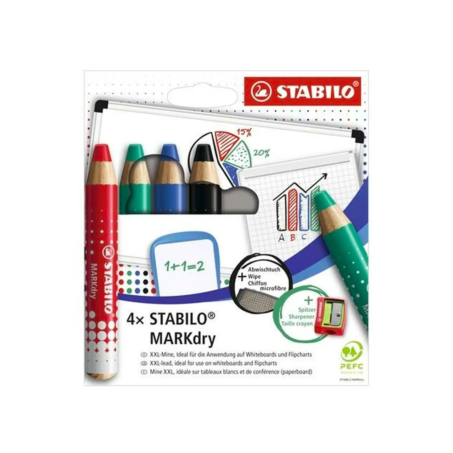 Matitoni per Lavagna Bianca Stabilo MARKdry – 4 Colori con Temperamatite e Cancellino - Pennarelli