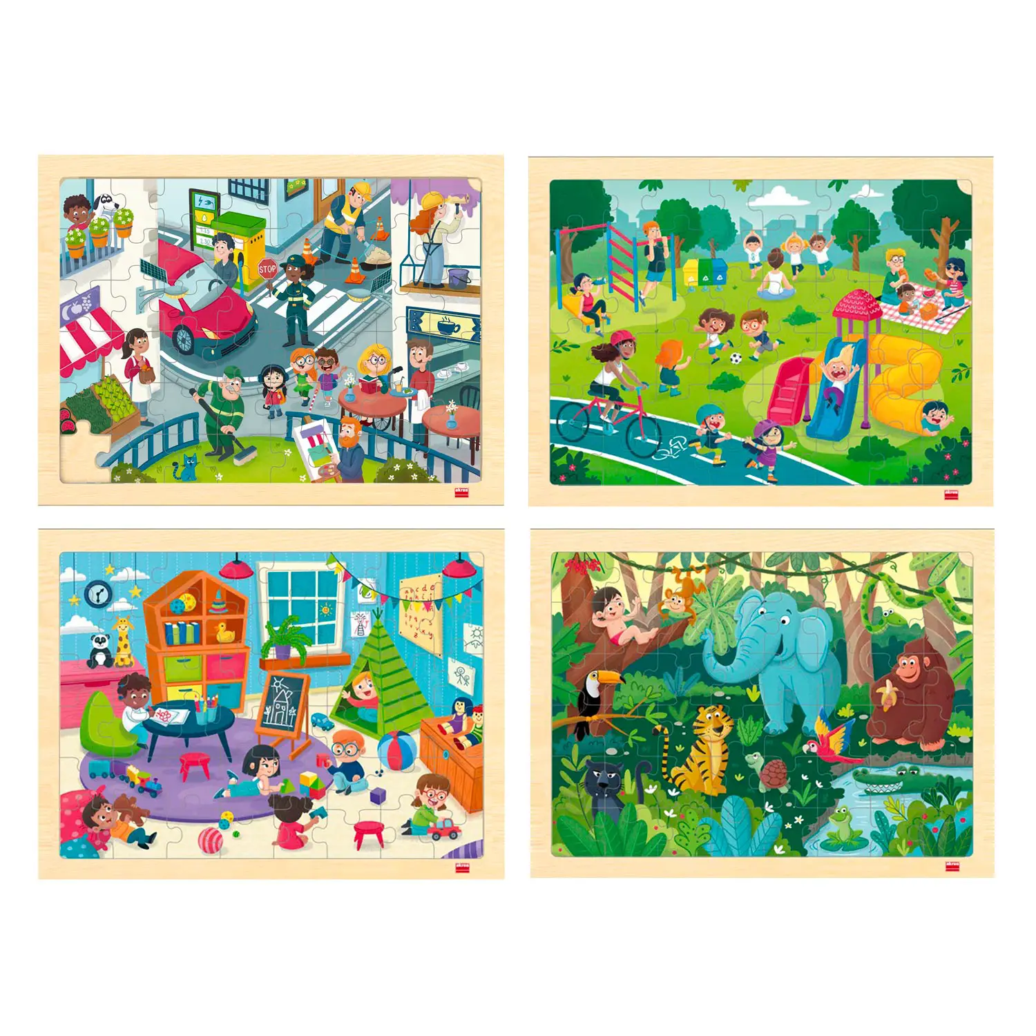 Puzzle di Osservazione: Rispetto e Convivenza Civile – Set 4 Puzzle in Legno Ecologico - Incastri e puzzle in legno