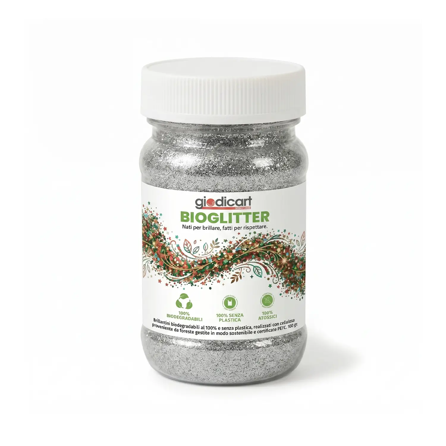 Brillantini Ecologici in Cellulosa Riciclata, Bio-Glitter Grana Fine 100 Gr. Argento - Brillantini e glitter