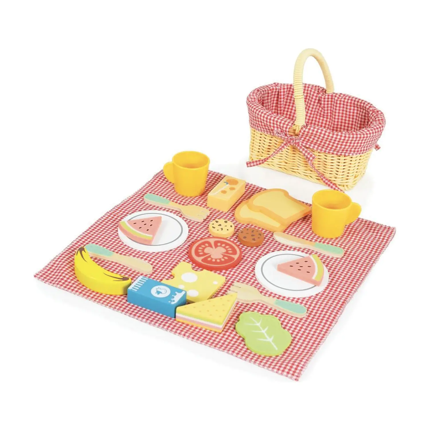Cesto da Picnic con Merenda e Alimenti in Legno, Tovaglia e Cestino in Vimini - Alimenti, mercatini, stoviglie