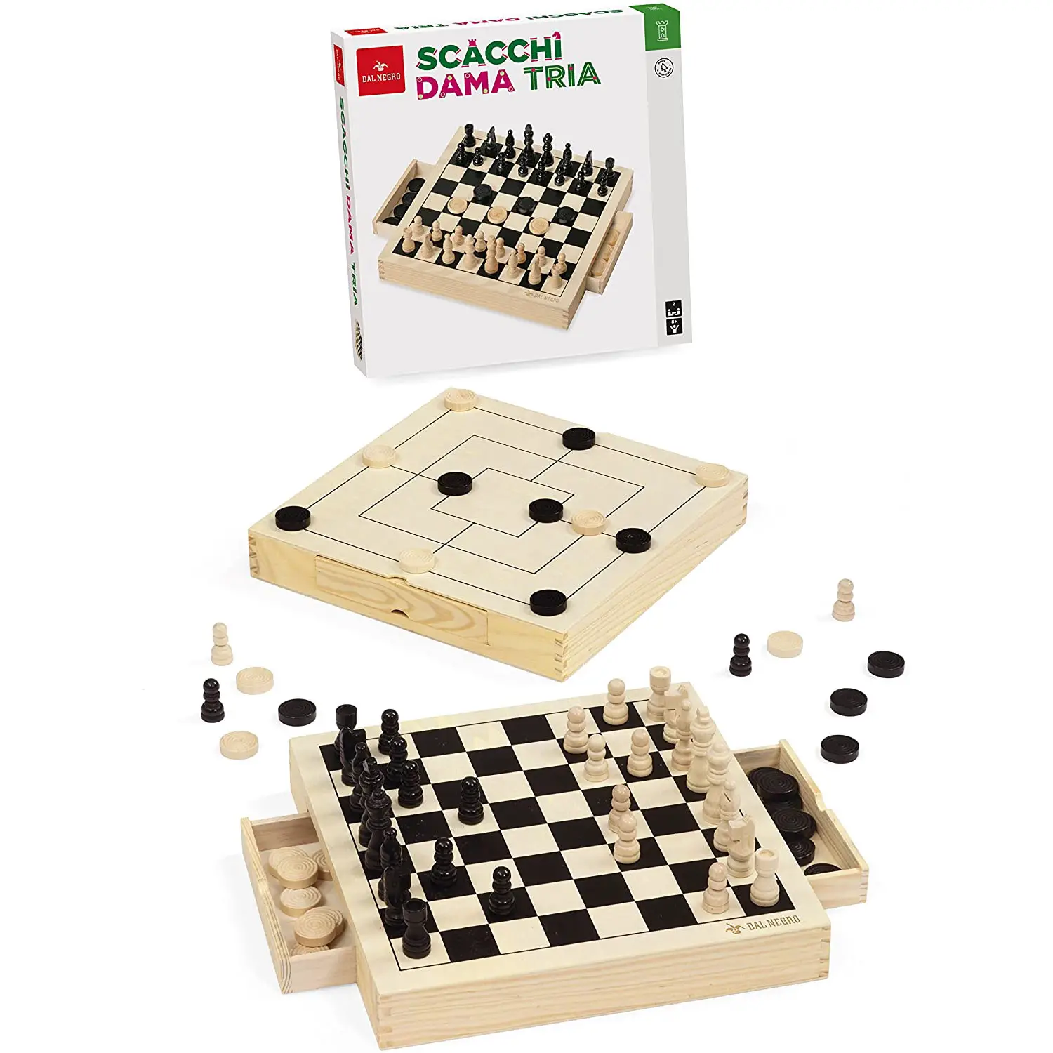 Set Scacchi Dama Tria in Legno – Tre Giochi Classici in Un Unico Set - giochi di società