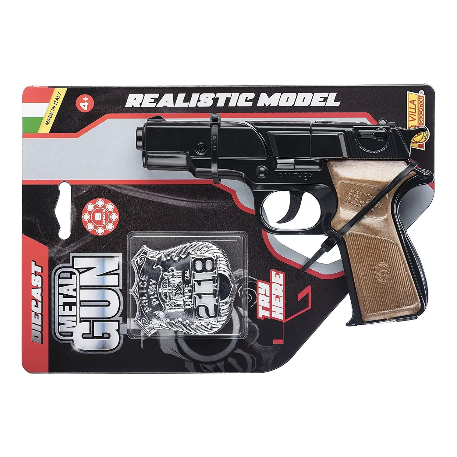 Pistola Giocattolo Panther Black Metal Gun - Revolver in Metallo con Distintivo e Tamburo a Pulsante - armi soldatini