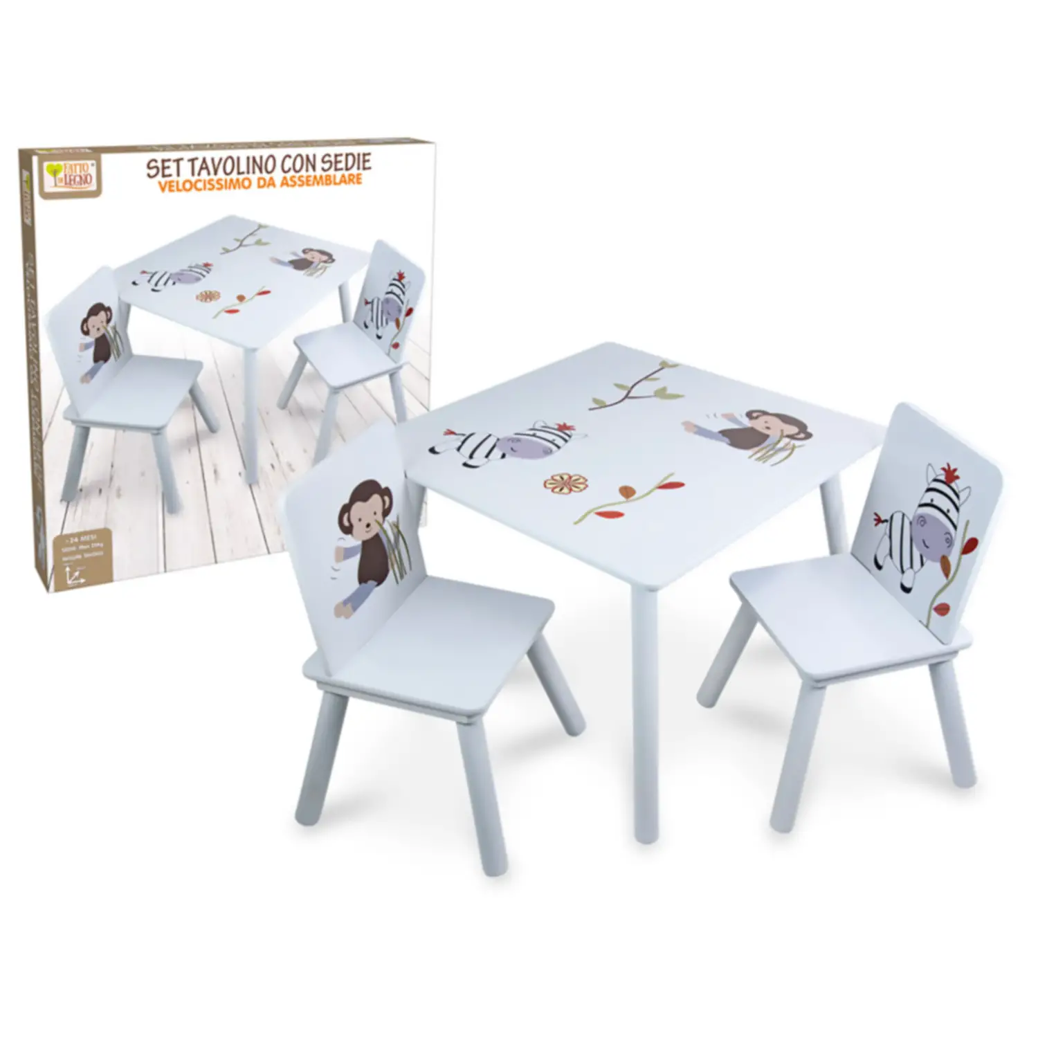 Set Tavolino e Sedie Bambini in Legno – Tavolo 45 cm con 2 Sedie per Cameretta - Cucine e gioco simbolico