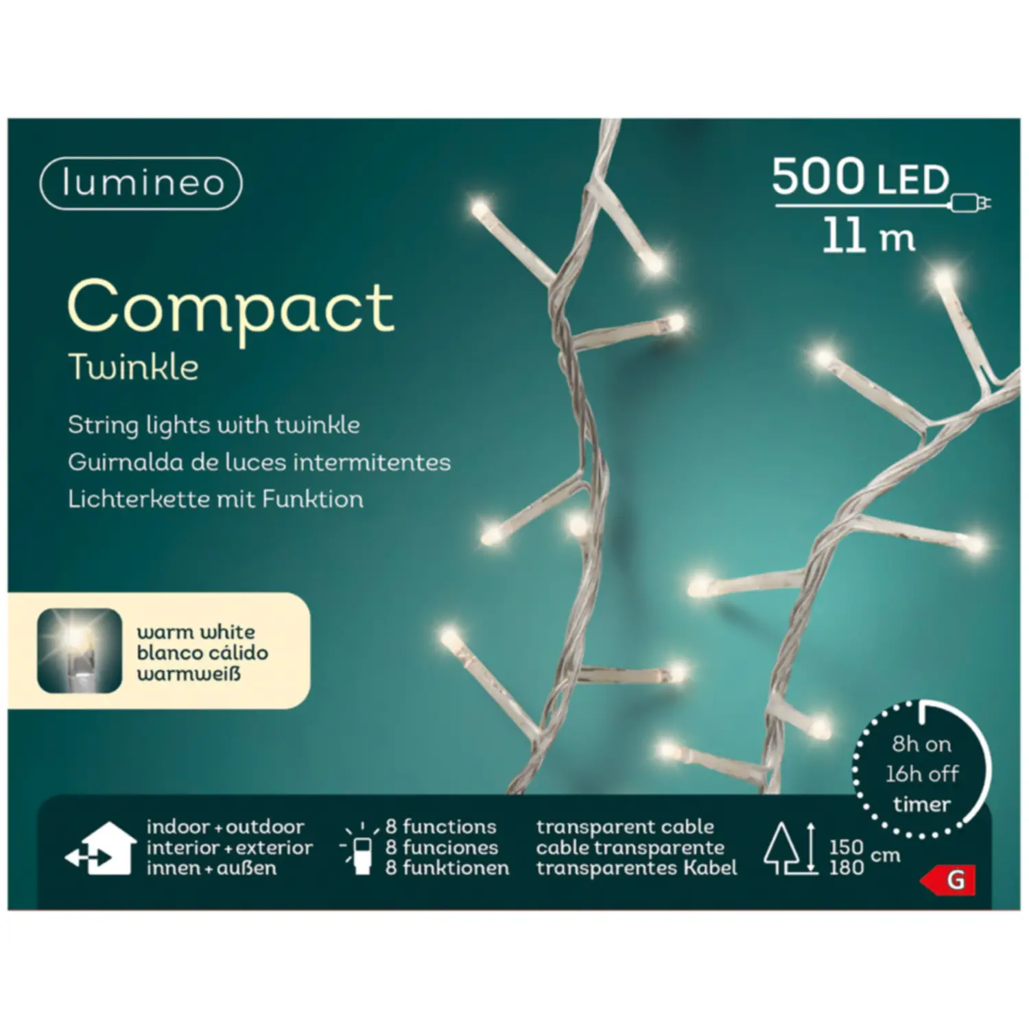 Luci di Natale Lumineo Compact Twinkle - 500 Led Bianco Caldo - Filo Trasparente da 11 metri - luci