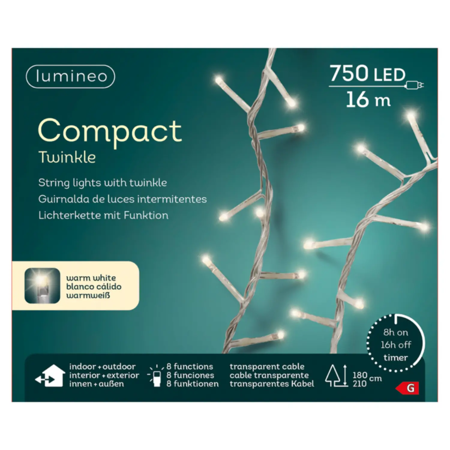 Luci di Natale Lumineo Compact - 750 Led Bianco caldo - Filo Trasparente da 16 metri - luci