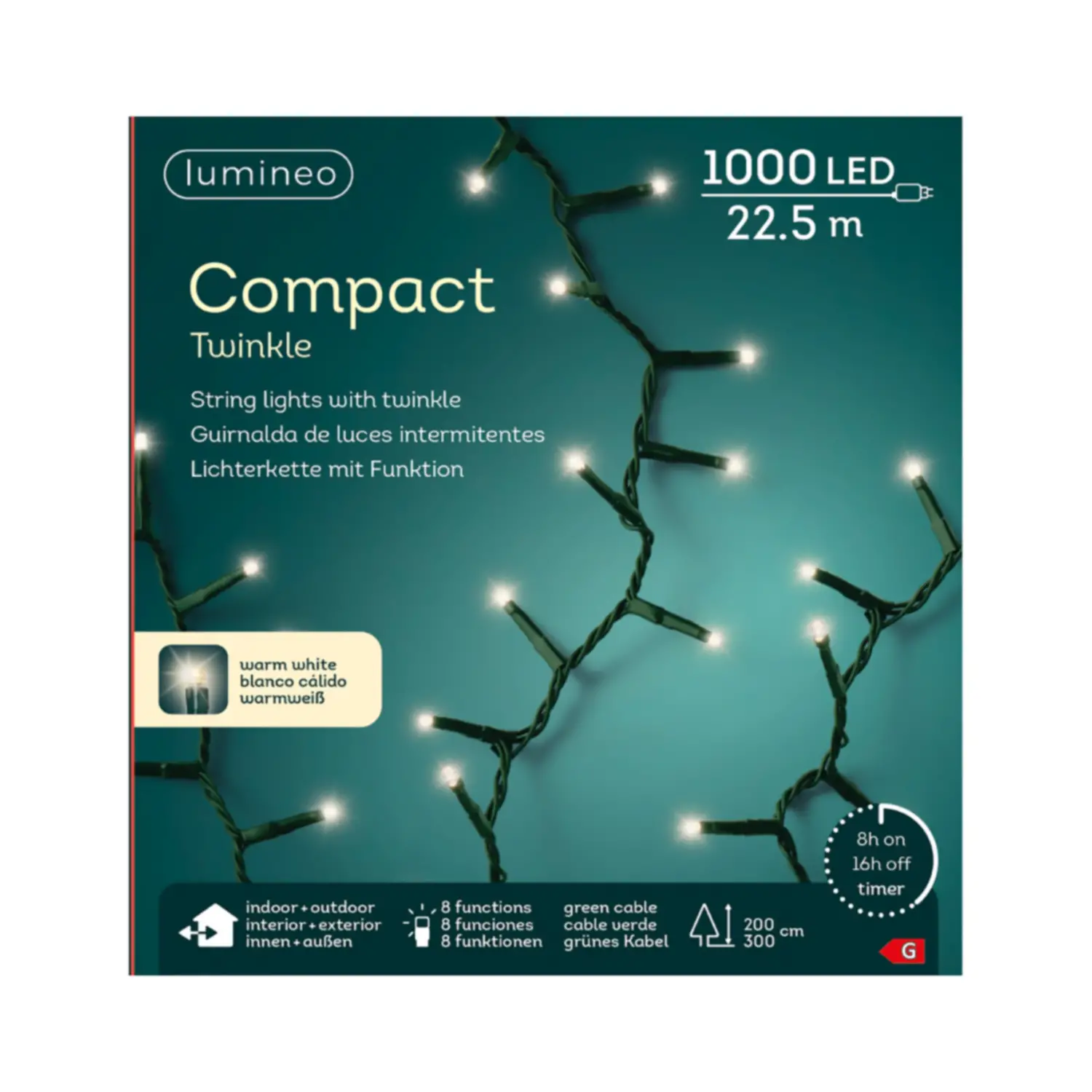 Luci di Natale Lumineo Compact - 1000 Led Bianco Caldo - Filo Verde da 22,5 metri - luci