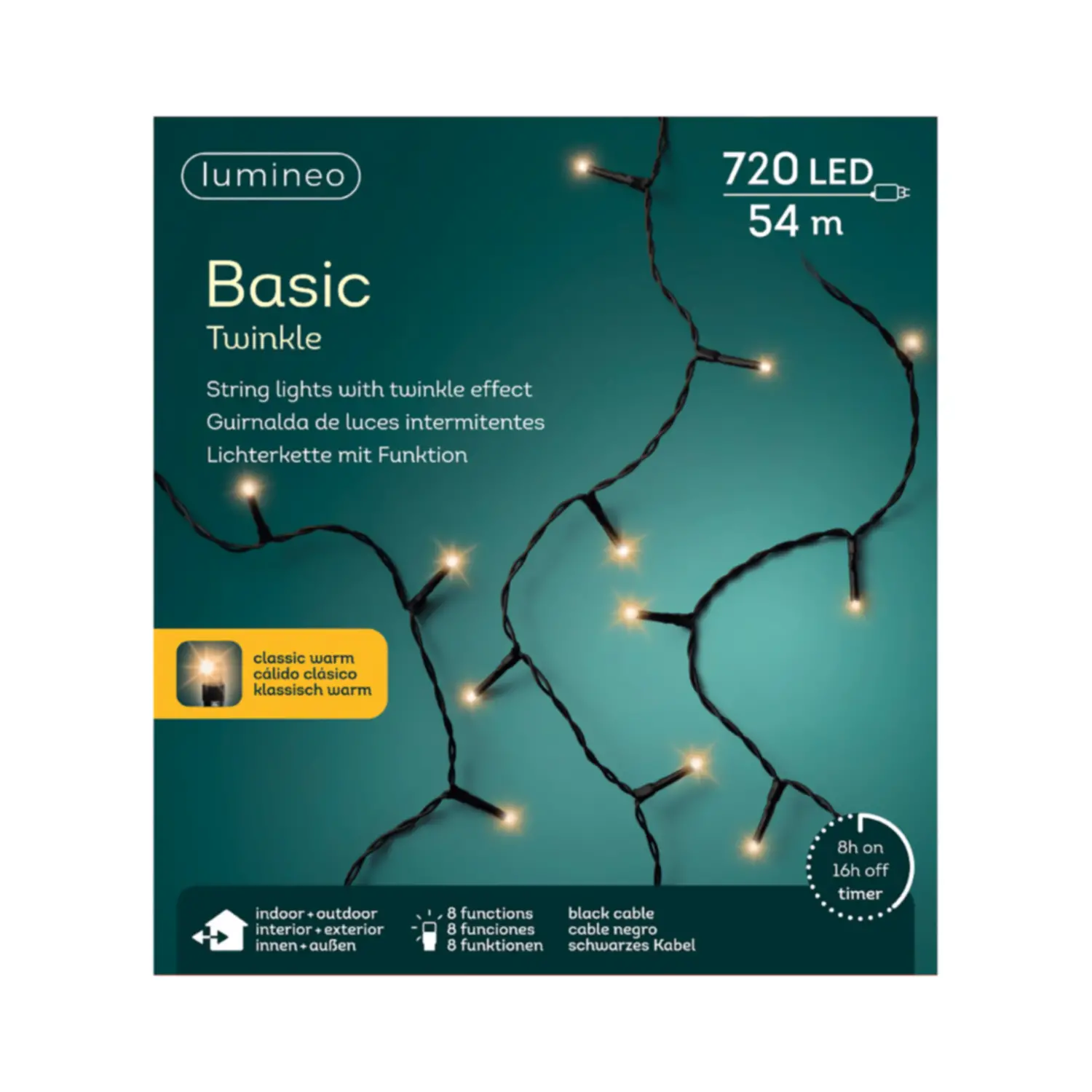 Luci di Natale Lumineo Basic Twinkle - 720 Led Bianco Caldo - Filo Nero da 54 metri - luci