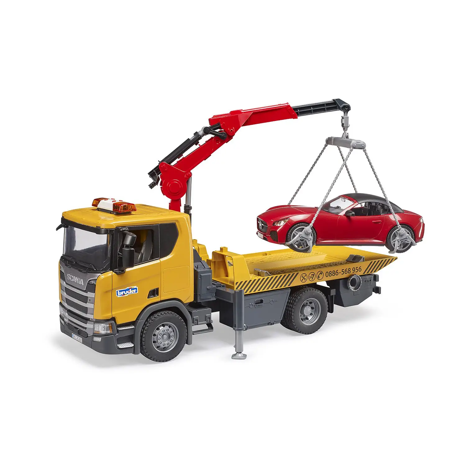 Camion di Soccorso Stradale Scania Super 560R con Modulo Light + Sound e Roadster Bruder - modellini