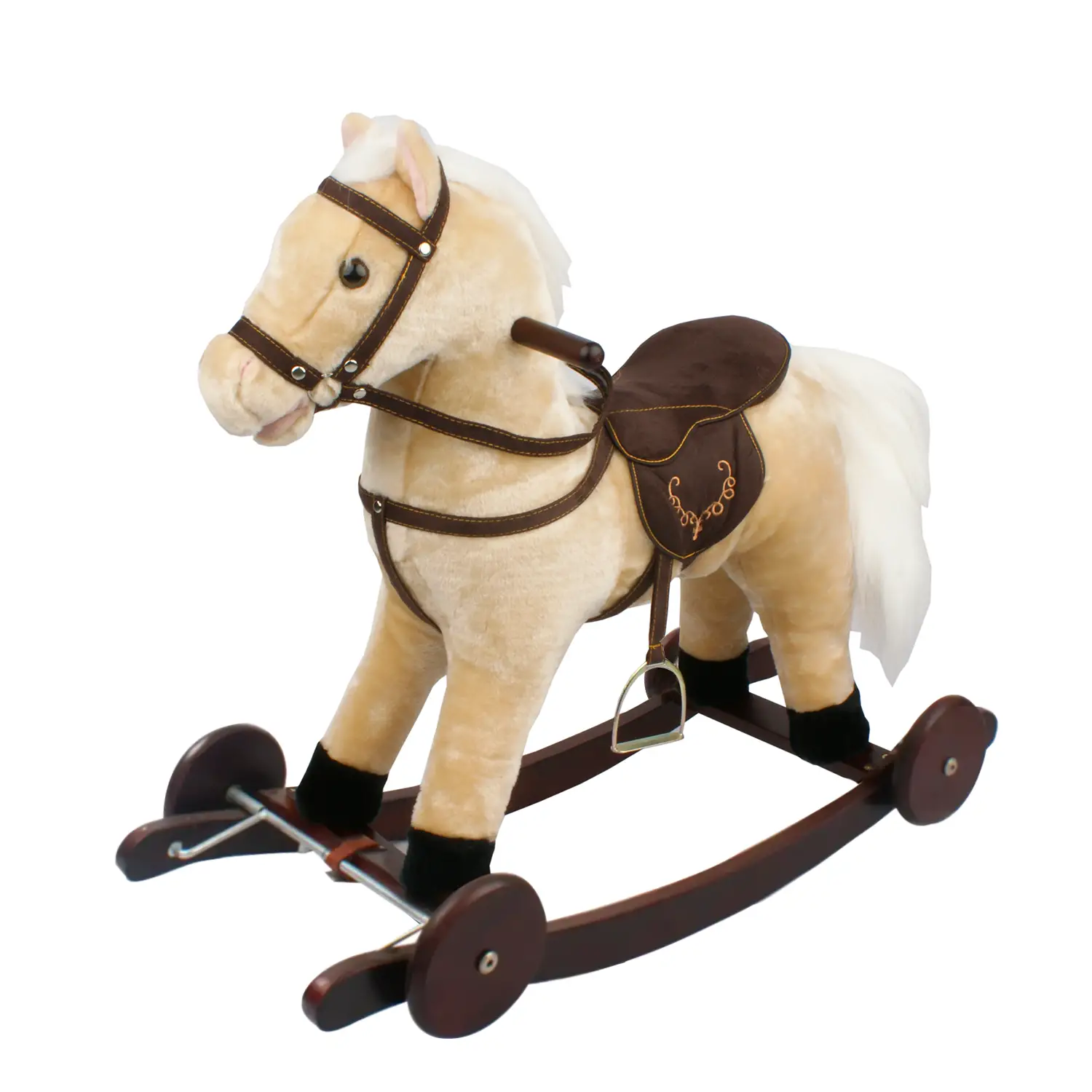 Cavallo a Dondolo Beige con Ruote, Peluche Cavalcabile, Nitrisce e Muove la Bocca - Primi movimenti