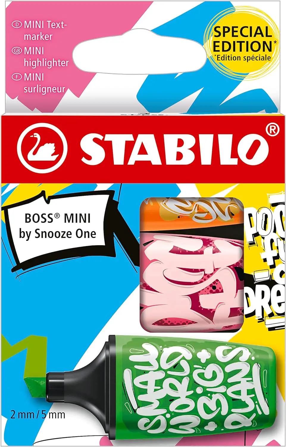 Evidenziatori Stabilo Boss Mini by Snooze One, Astuccio 3 Pennarelli Rosa, Verde, Arancione - Pennarelli