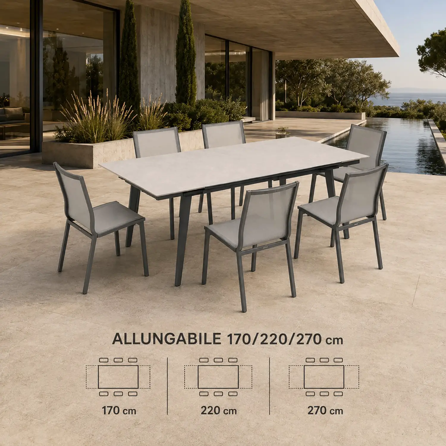Tavolo Merano Stone Allungabile in Alluminio Bianco e Antracite, cm 170/220/270 - tavoli, sedie e poltroncine