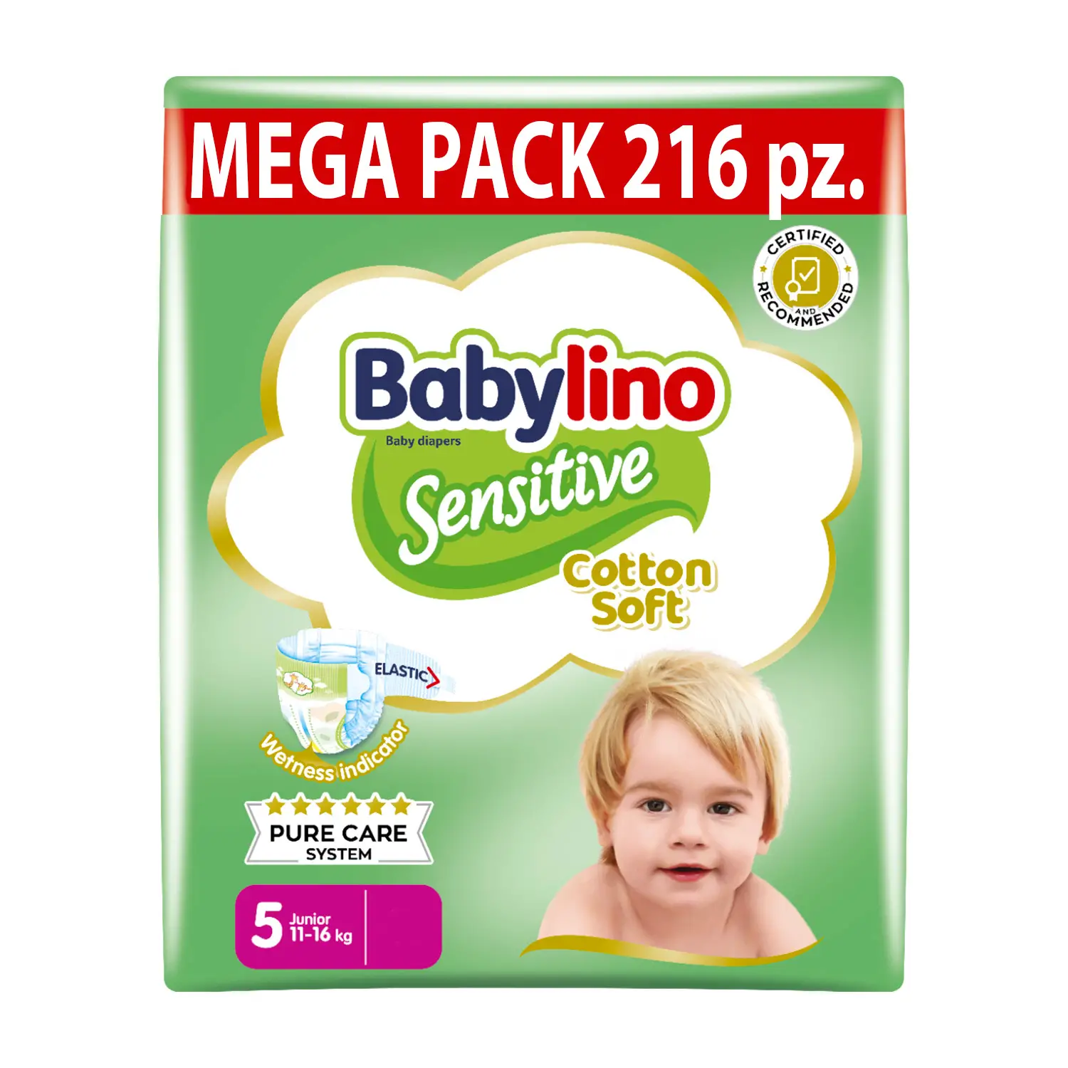 Babylino Sensitive Pannolini Taglia 5, Junior (11-16kg), 72 Unità - pannolini e salviettine