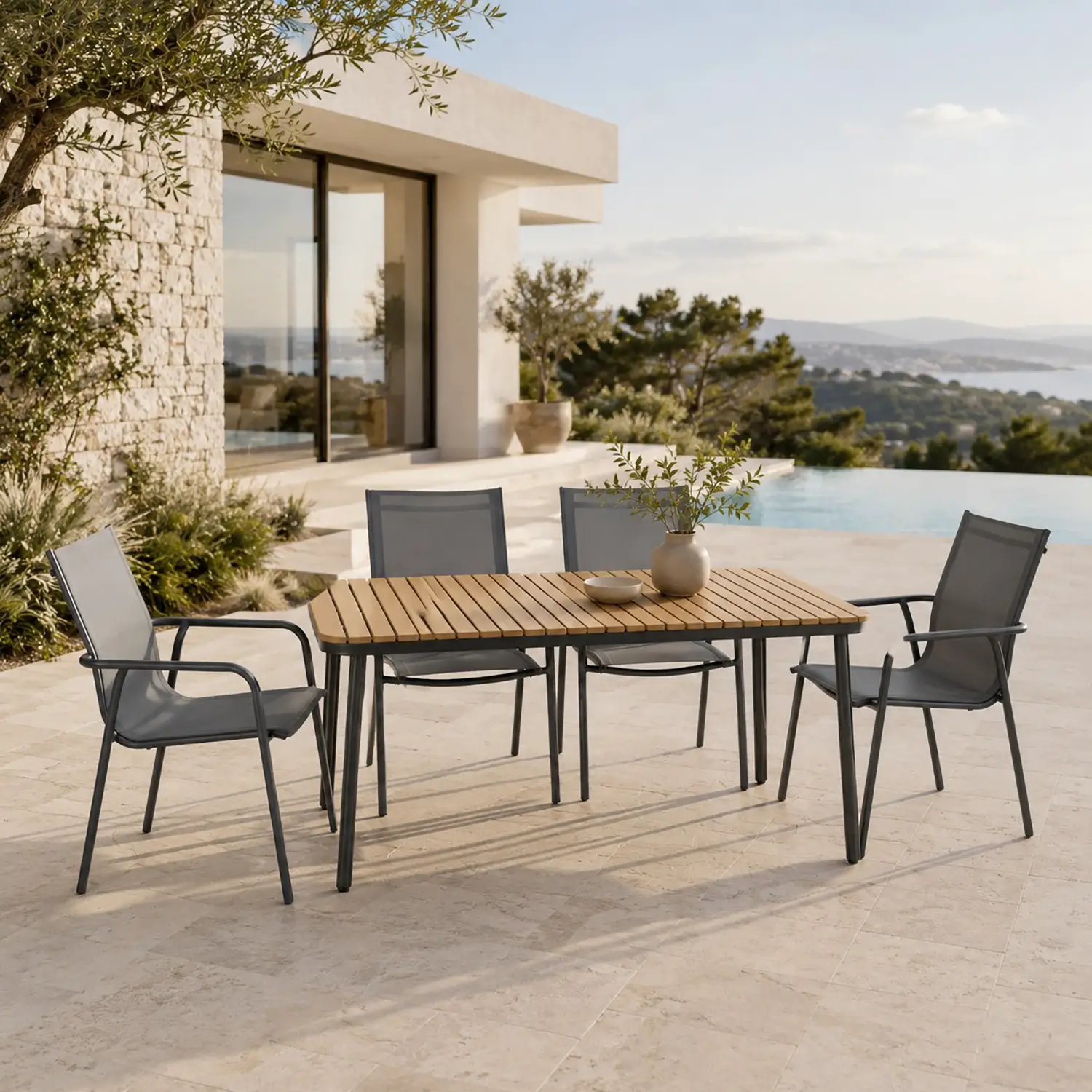 Set Tavolo Amalfi Antracite + 4 Poltrone Bend Antracite Outdoor - tavoli, sedie e poltroncine