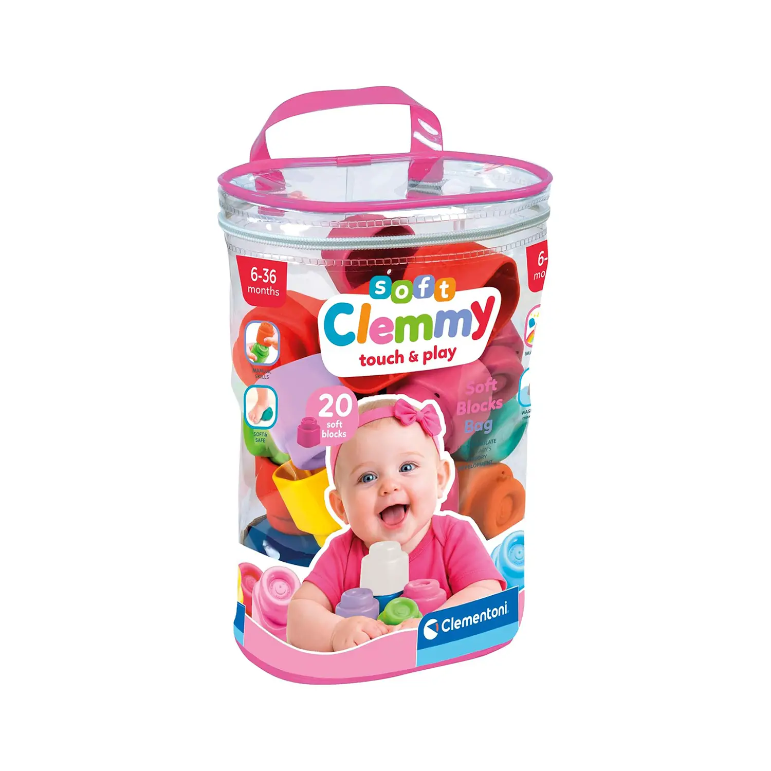 Clementoni Soft Clemmy Pink: 20 Mattoncini Morbidi Lavabili, 6-36 Mesi - Prime costruzioni soffici