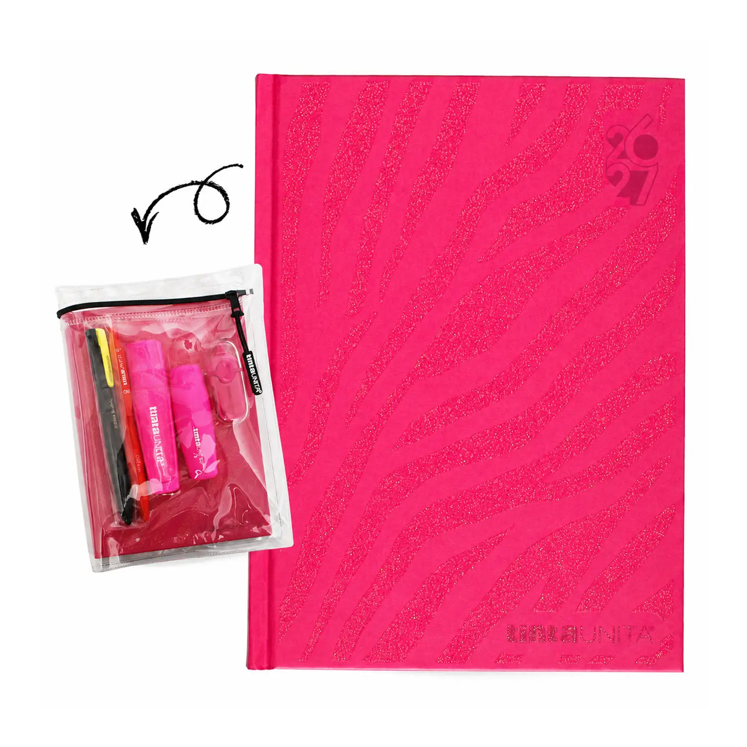 Tinta Unita Glitter Diario 12 Mesi Con Cover E Accessori Fucsia - diari