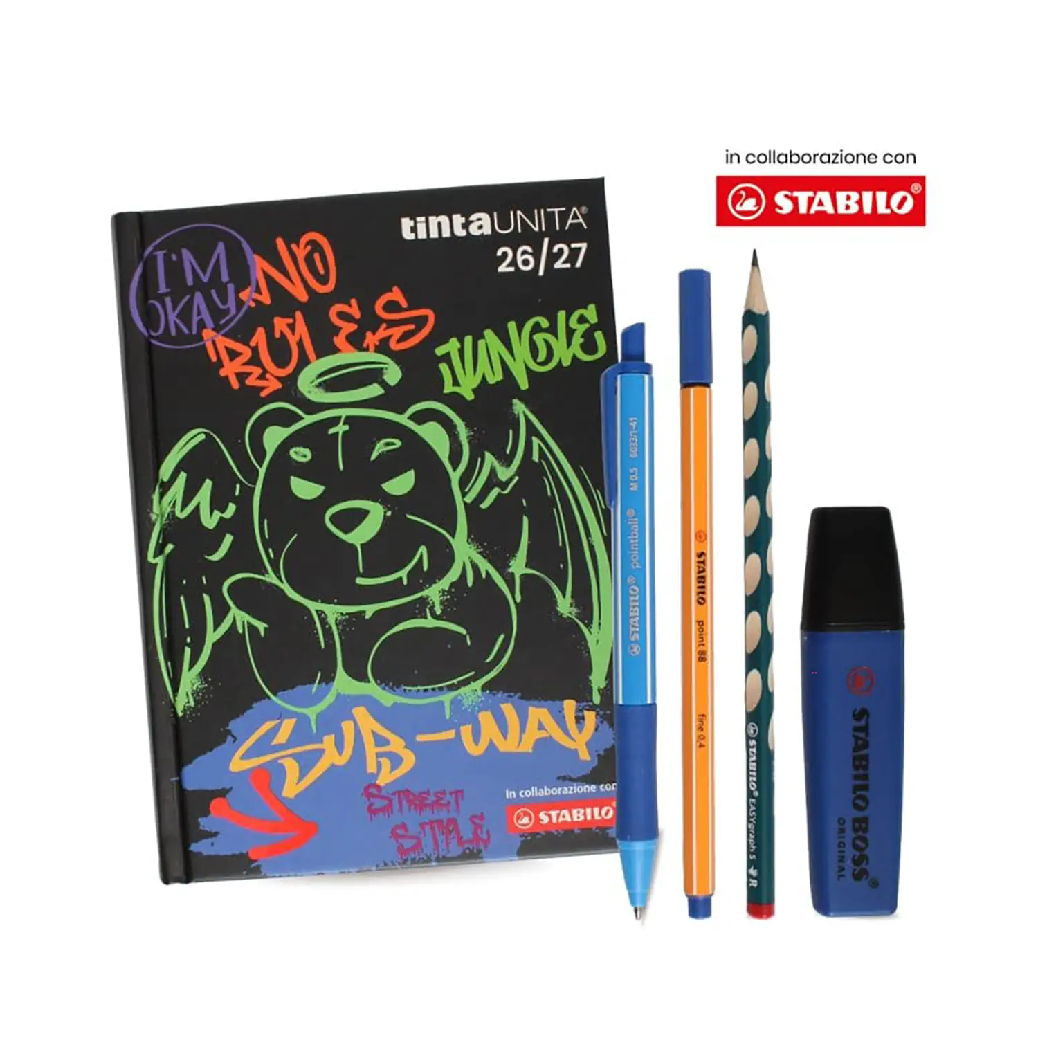 Tinta Unita Stabilo Diario 12 Mesi Con Bustina Accessori Nero Con Graffiti - diari