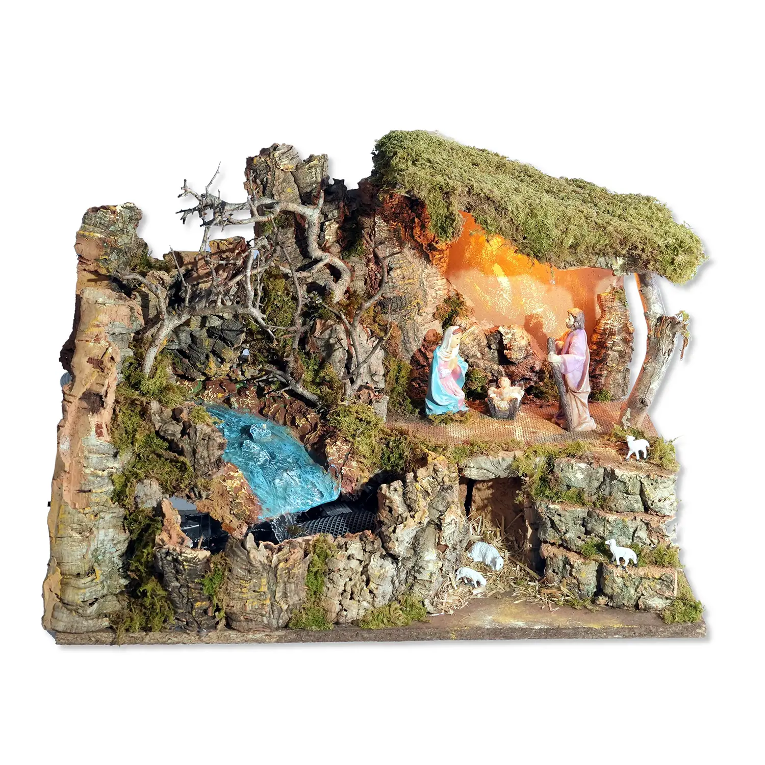 Capanna Presepe Illuminata cm.50x26x 36 con Cascata Pompa, luce e Natività cm 10 - presepi