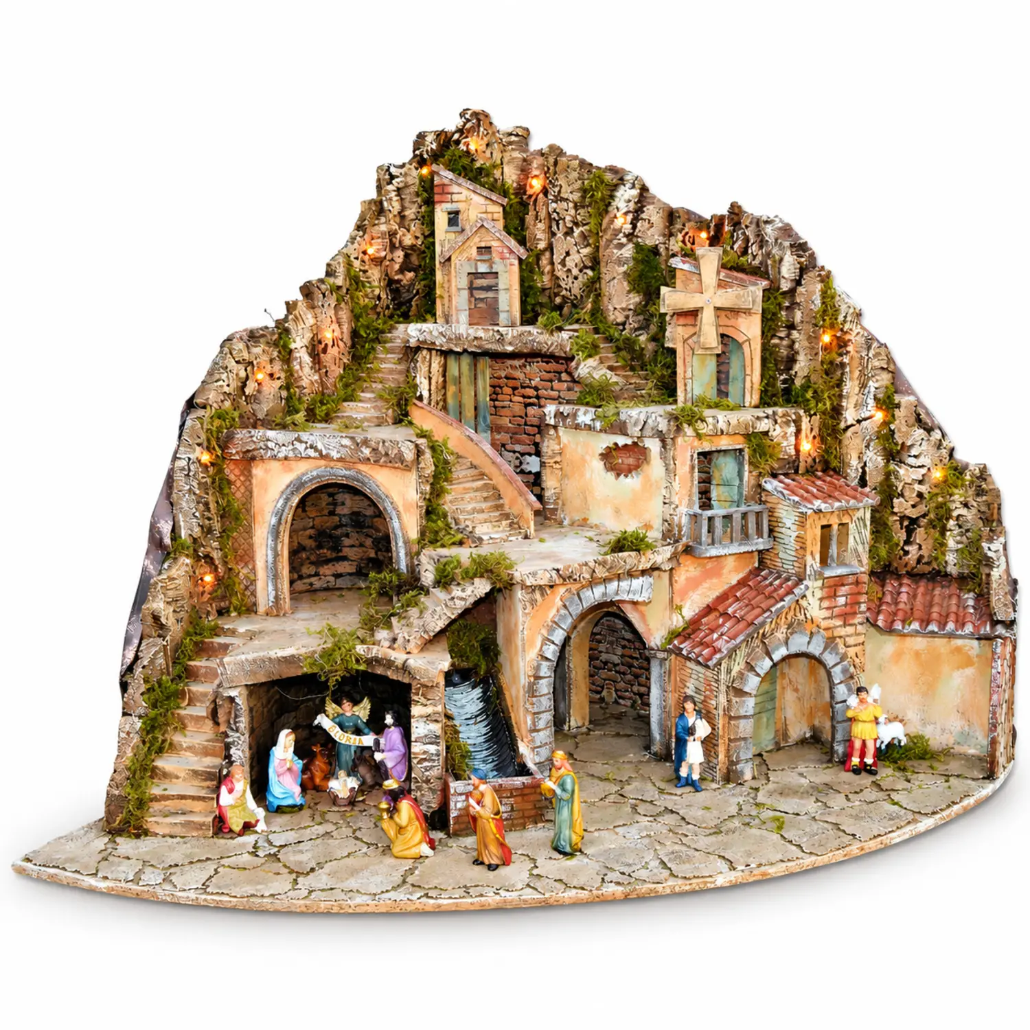 Grande Presepe Illuminato con Cascata Forno Mulino a Vento 108x74x75 cm - presepi