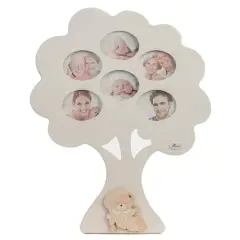 Porta Foto Albero Genialogico Legno Bianco 6 Foto con Orso Beige