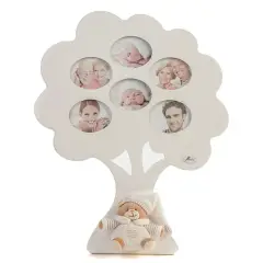 Porta Foto Albero Genialogico Legno Bianco 6 Foto con Orso in Stoffa Beige